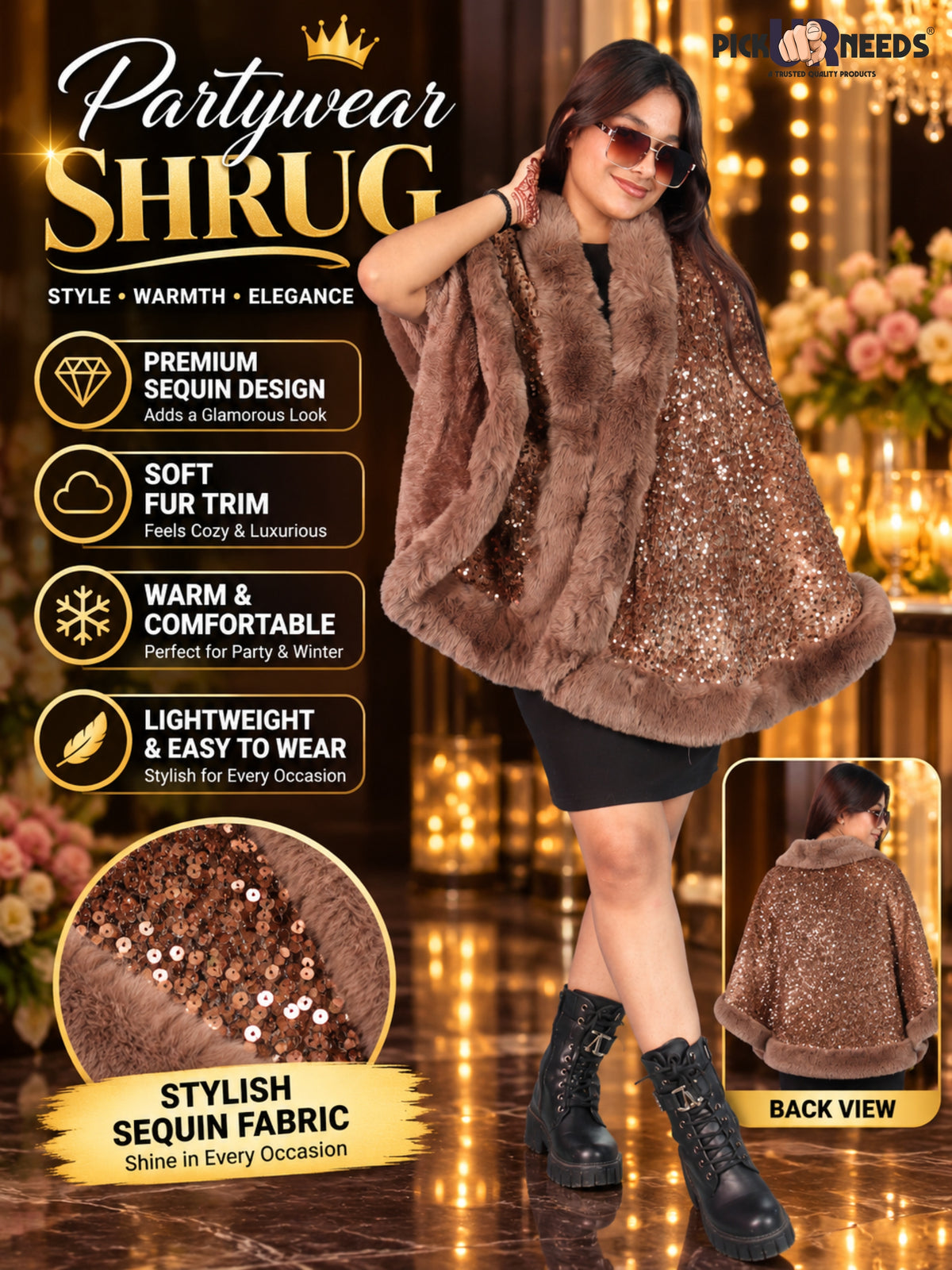 Pick Ur Needs Luxury Shrug for Women Sequin Outerwear with Soft Fur Collar Shawl Evening Wrap Poncho