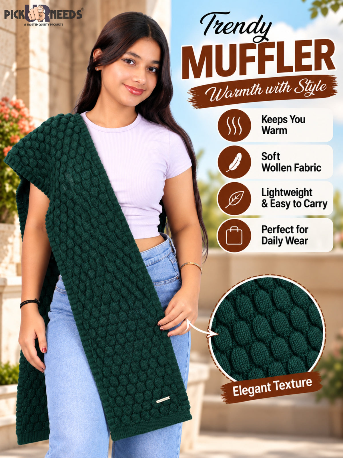 Pick Ur Needs Women and Girls Knitted Winter Muffler, Textured Woollen Scarf with Elegant Woven Pattern, Soft Warm Lightweight Neck Wrap