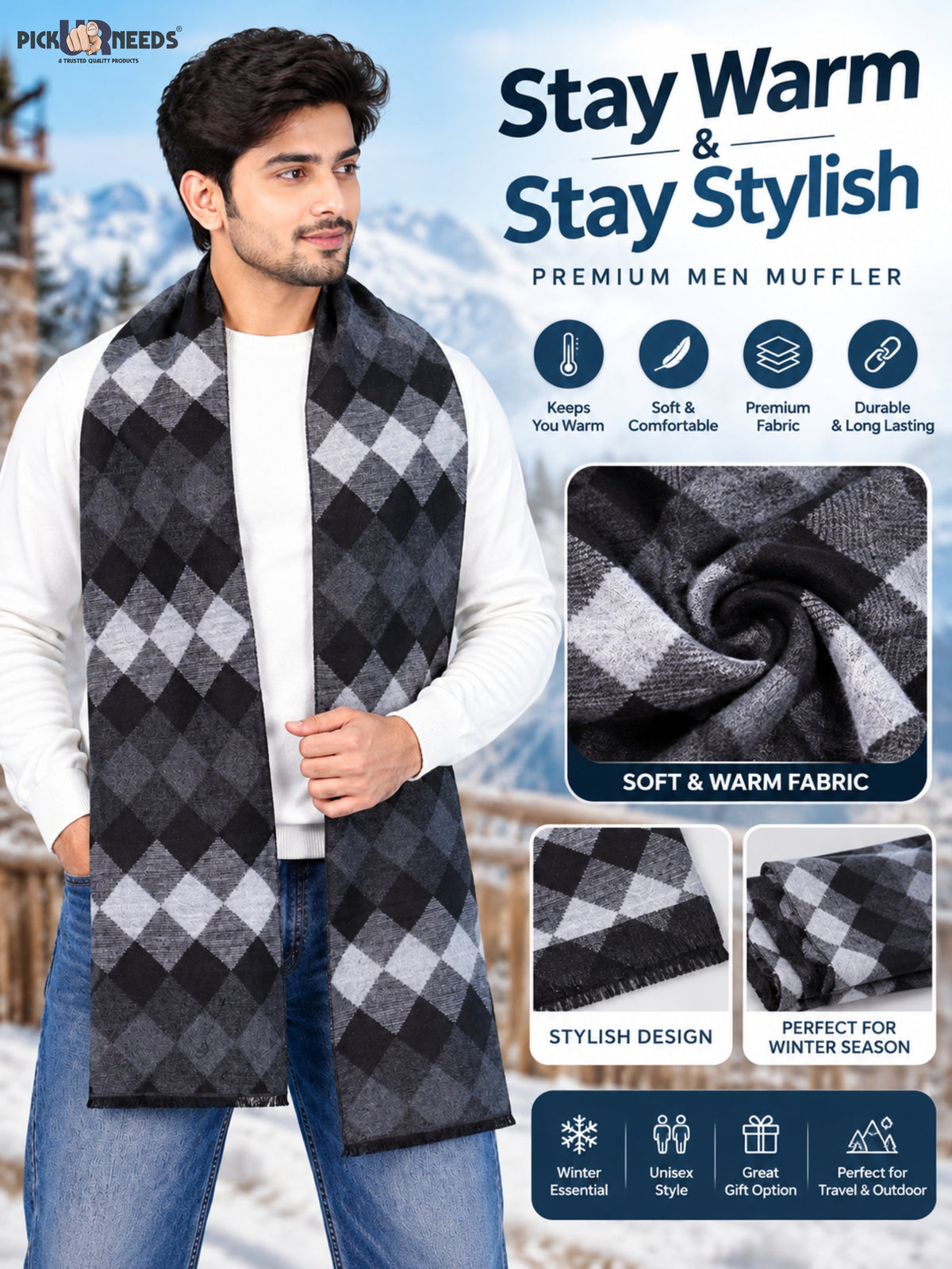 Pick Ur Needs Premium Winter Muffler for Men & Boys Soft & Warm Checkered Design Woolen Style Scarf Stylish Long Neck Wrap for Winter Wear
