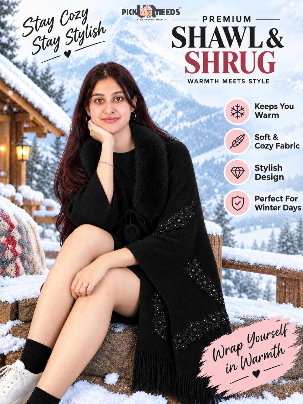 Pick Ur Needs Womens Premium Winter Shawl Shrug with Soft Fur Collar, Floral Embroidery, Pom-Pom Tie & Fringe Detailing Stylish Warm Wrap for Girls