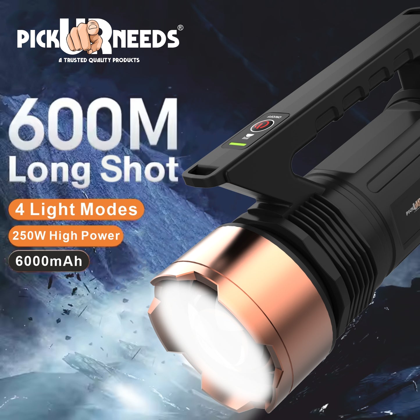 Pick Ur Needs Adjustable Focus 250 Watt Laser Torch Light 6000mAh Lithium Battery Metal Head 5 hrs Torch Emergency Light  (Copper)