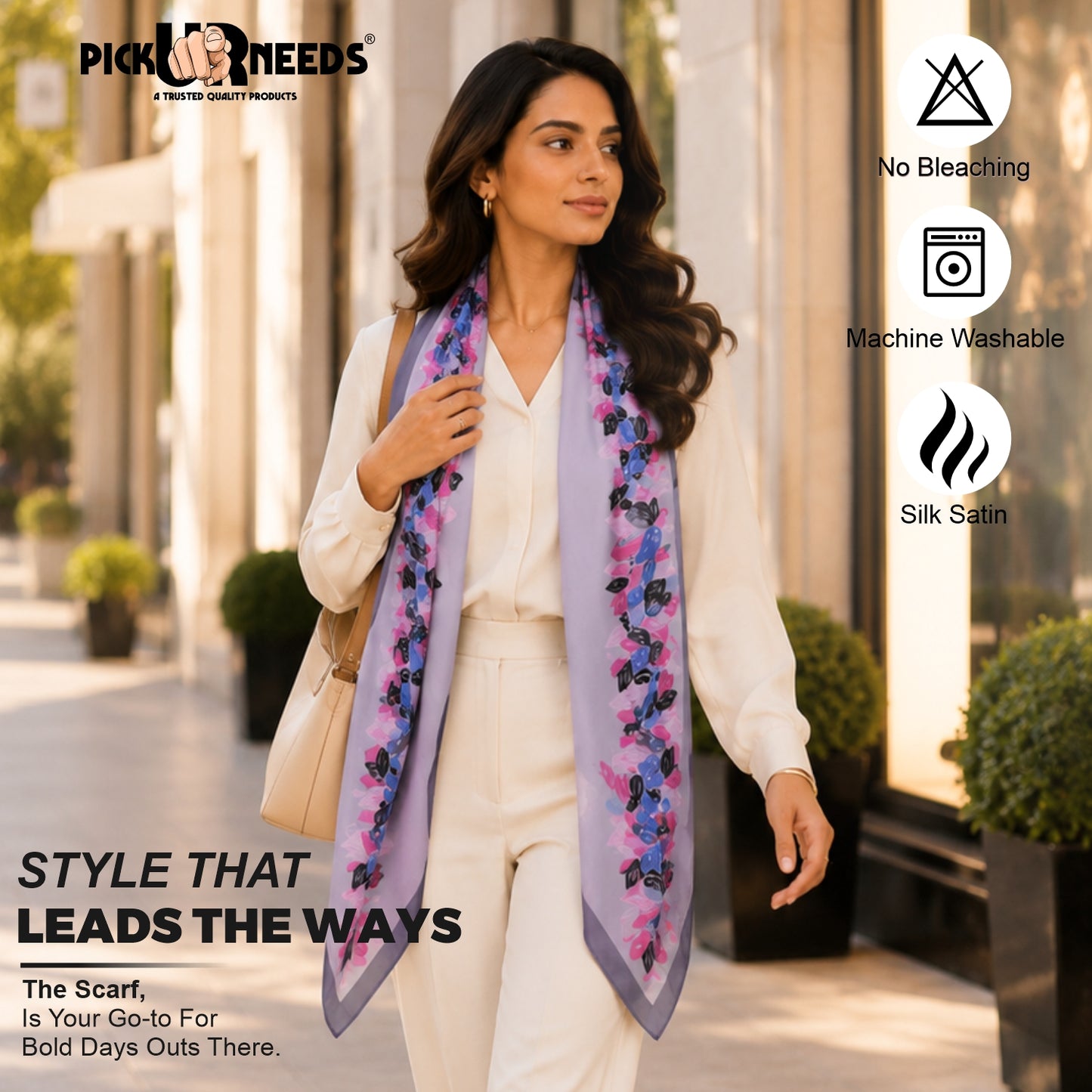 Pick Ur Needs Premium Satin Silk Feel Rectangle Scarf for Womens & Girls Floral Printed Long Fashion Stall Soft Lightweight Neck, Head & Shoulder Wrap