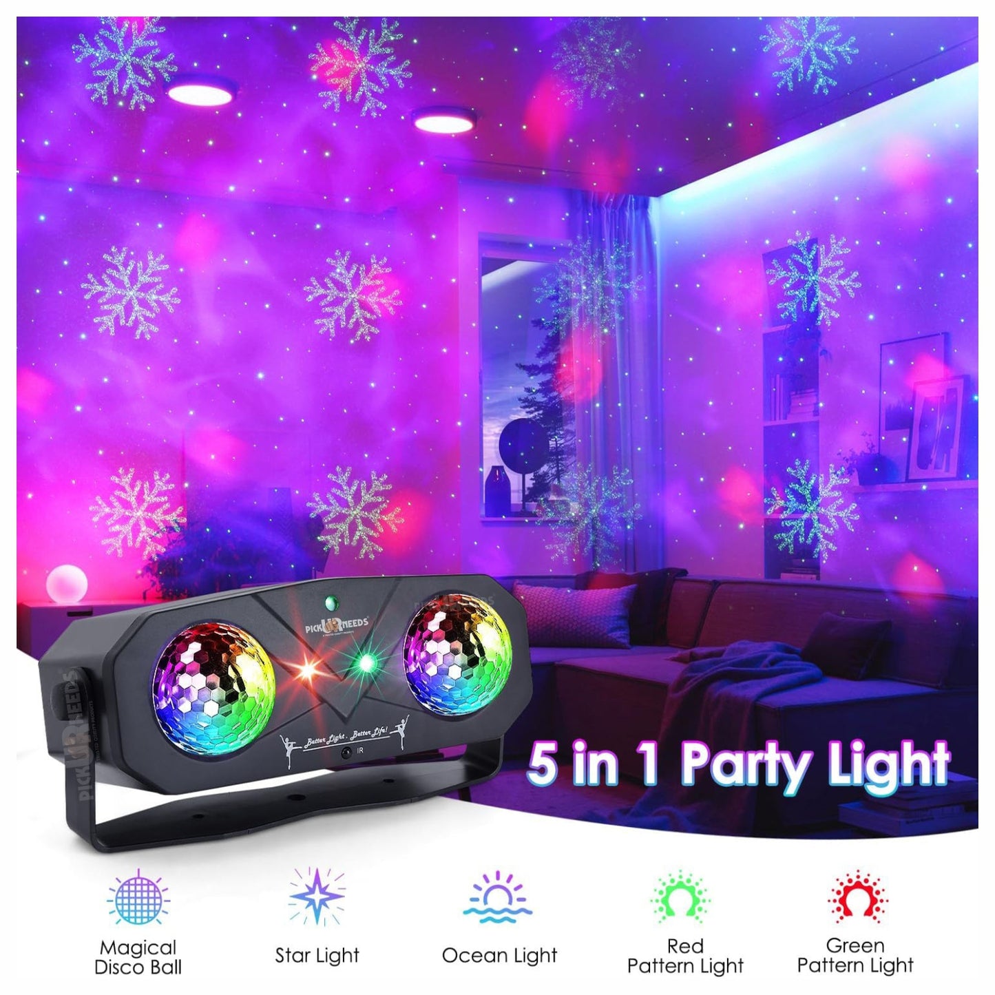 Pick Ur Needs Dual Lens Party Light Projector with Remote – Sound Activated LED Disco Ball Light with RGB Laser & Strobe Effects for Home Party, Club, DJ, Wedding, Stage Lighting – Plug & Play