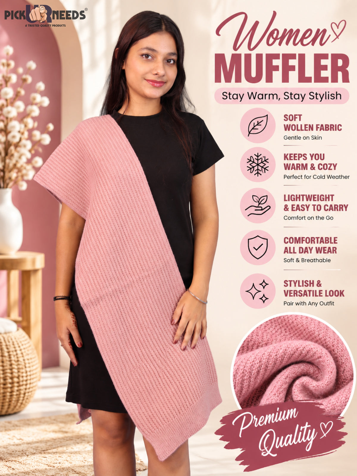 Pick Ur Needs Womens Stylish Knitted Muffler Scarf, Long Ribbed Knit Winter Neck Wrap, Soft Textured Cozy Scarf for Girls