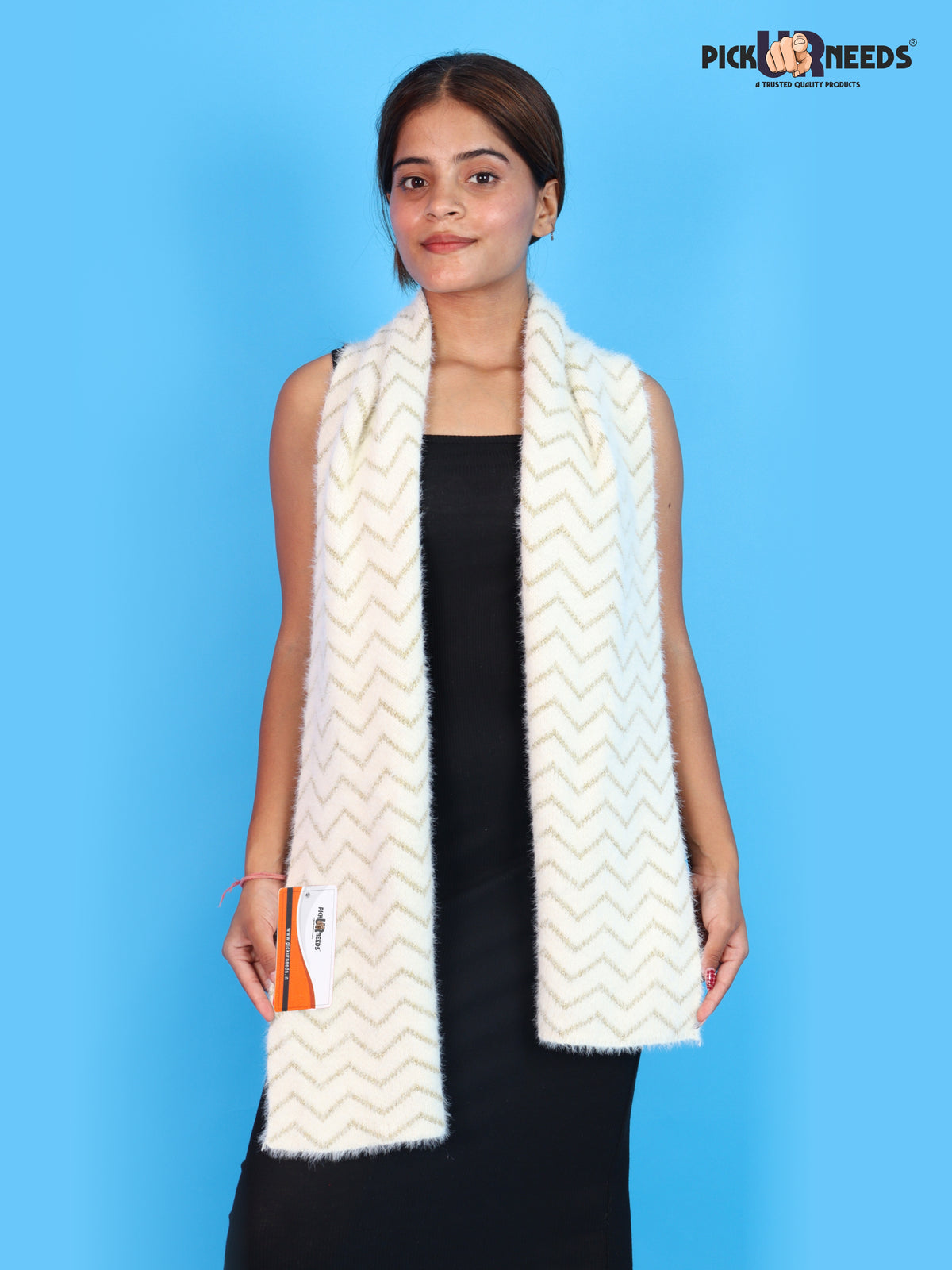 Pick Ur Needs Premium Woolen Winter Muffler with Gold Zigzag Pattern | Soft, Warm & Stylish Scarf for Women