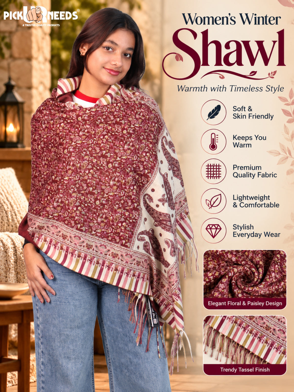 Pick Ur Needs Women Winter Shawl & Muffler Soft Warm Floral Paisley Printed Stole with Tassels Stylish Lightweight Neck Wrap Scarf for Women & Girls