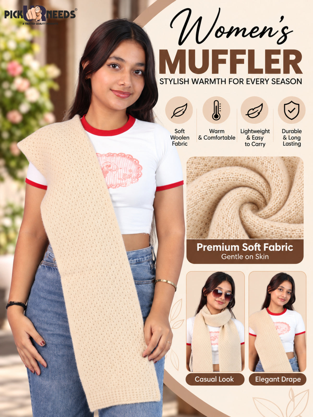 Pick Ur Needs Womens Soft Muffler Scarf, Lightweight Knitted Winter Stole, Warm & Cozy Long Neck Wrap for Women & Girls