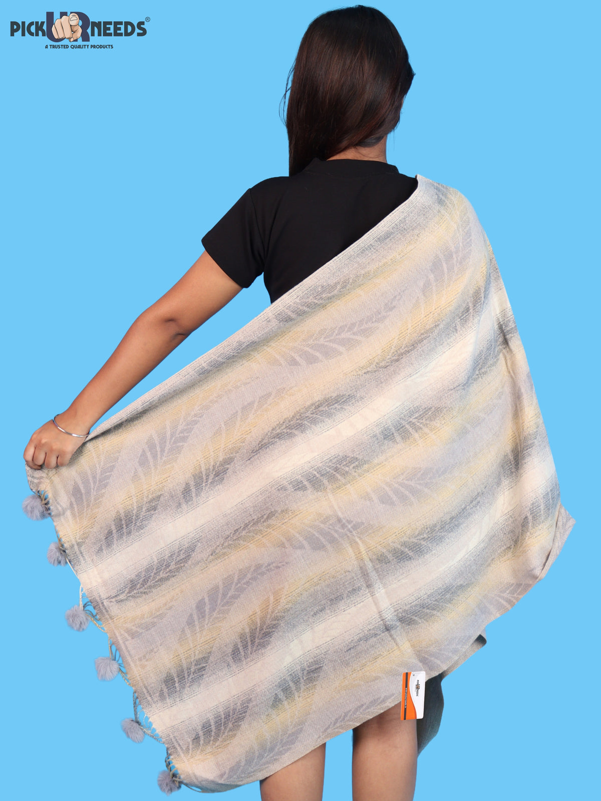 Pick Ur Needs Womens Designer Woolen Shawl & Stole with Elegant Leaf Pattern and Pom Pom Tassels, Winter Soft Warm Lightweight Winter Wrap