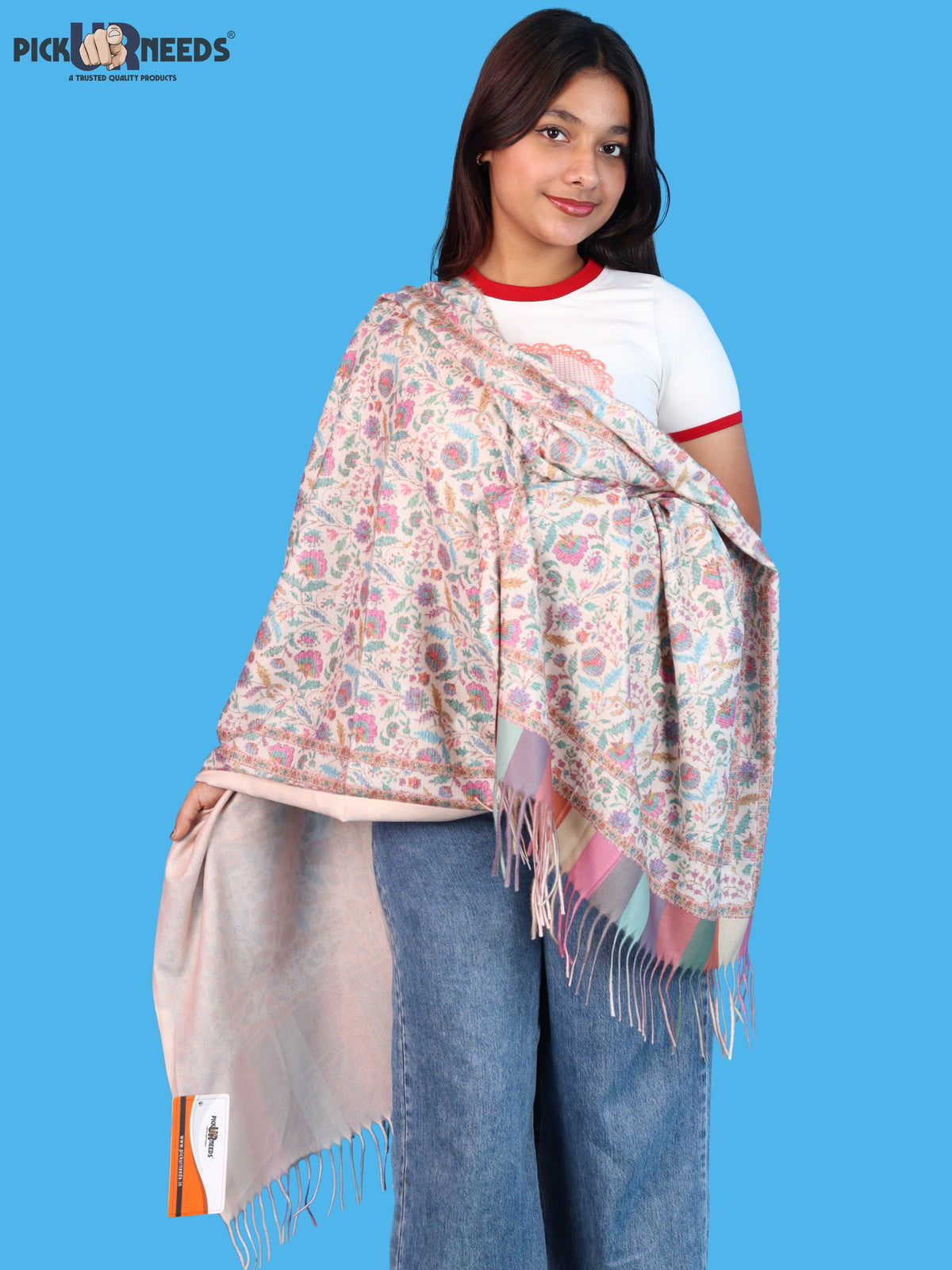 Pick Ur Needs Women & Girls Soft Woolen Shawl Elegant Floral Design Winter Neck Scarf with Decorative Border & Fringes