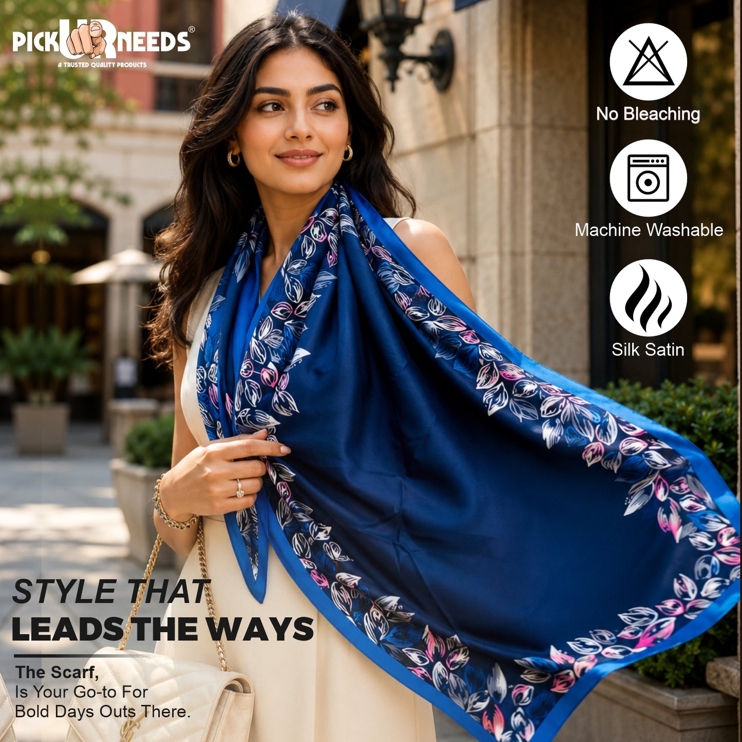Pick Ur Needs Premium Satin Silk Feel Rectangle Scarf for Womens & Girls Floral Printed Long Fashion Stall Soft Lightweight Neck, Head & Shoulder Wrap
