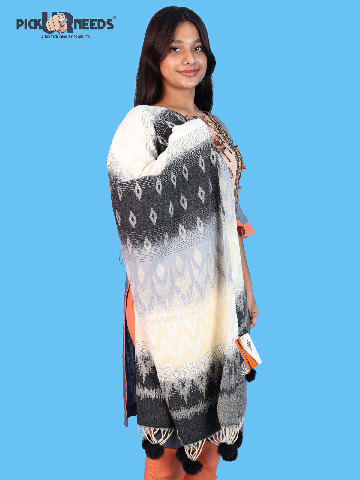 Pick Ur Needs Women Winter Shawl Soft Warm Geometric Printed Woolen Style Stole with Pom Pom Tassels Stylish Long Wrap Muffler for Women & Girls