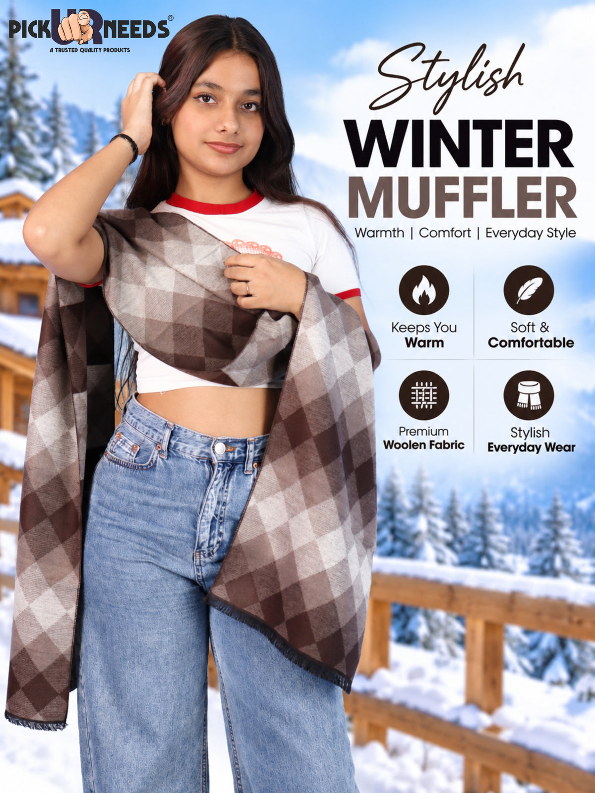 Pick Ur Needs Women & Girls Soft Woolen Checkered Muffler Warm Winter Neck Scarf with Stylish Checked Pattern