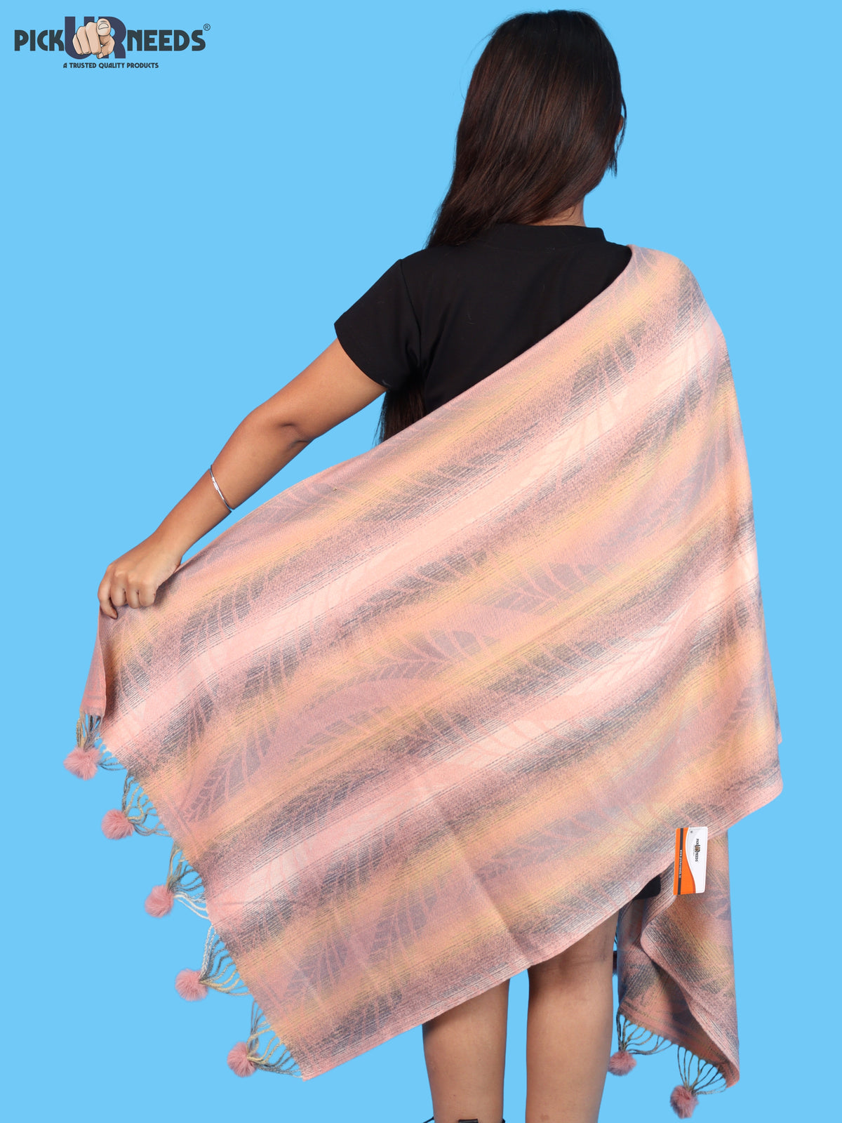 Pick Ur Needs Womens Designer Woolen Shawl & Stole with Elegant Leaf Pattern and Pom Pom Tassels, Winter Soft Warm Lightweight Winter Wrap