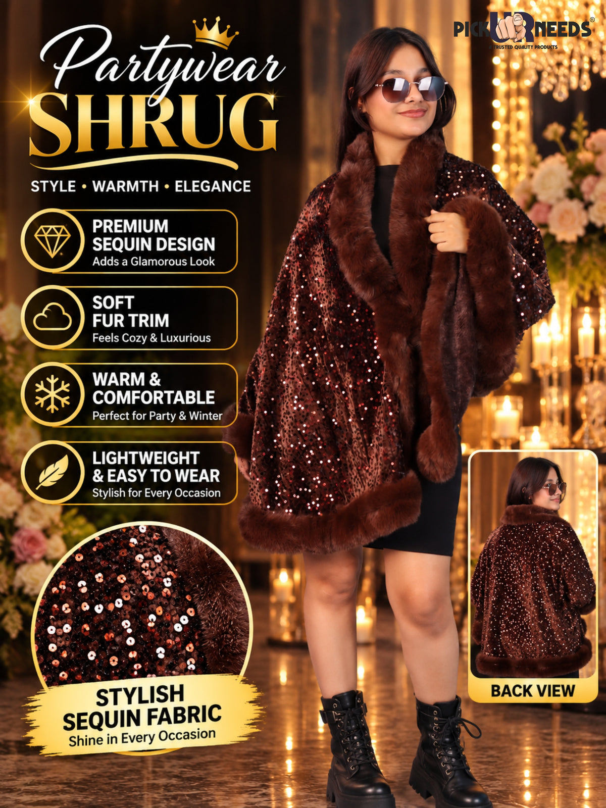 Pick Ur Needs Luxury Shrug for Women Sequin Outerwear with Soft Fur Collar Shawl Evening Wrap Poncho