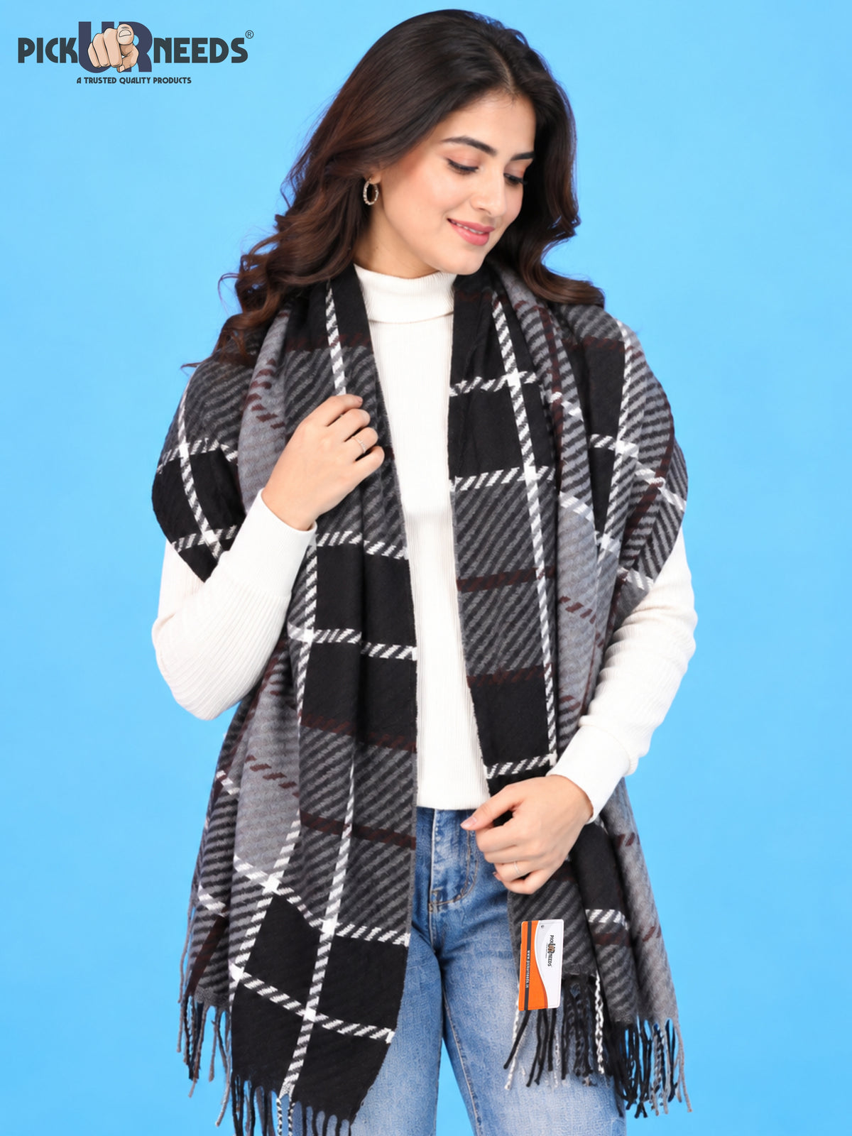 Pick Ur Needs Women's Winter Shawl & Muffler Soft Warm Checkered Printed Stole with Tassels Stylish Neck Wrap Scarf for Women & Girls