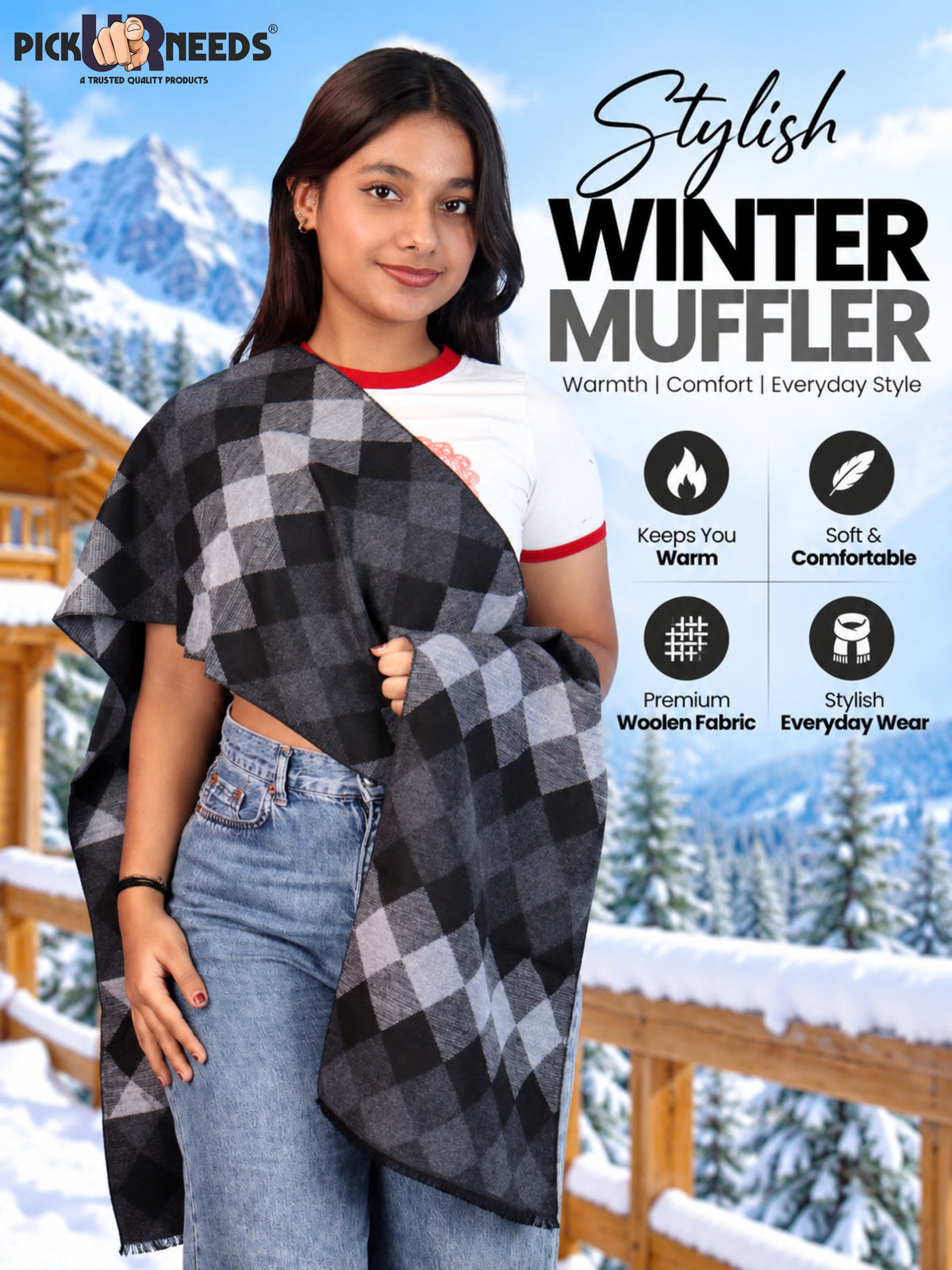 Pick Ur Needs Women & Girls Soft Woolen Checkered Muffler Warm Winter Neck Scarf with Stylish Checked Pattern