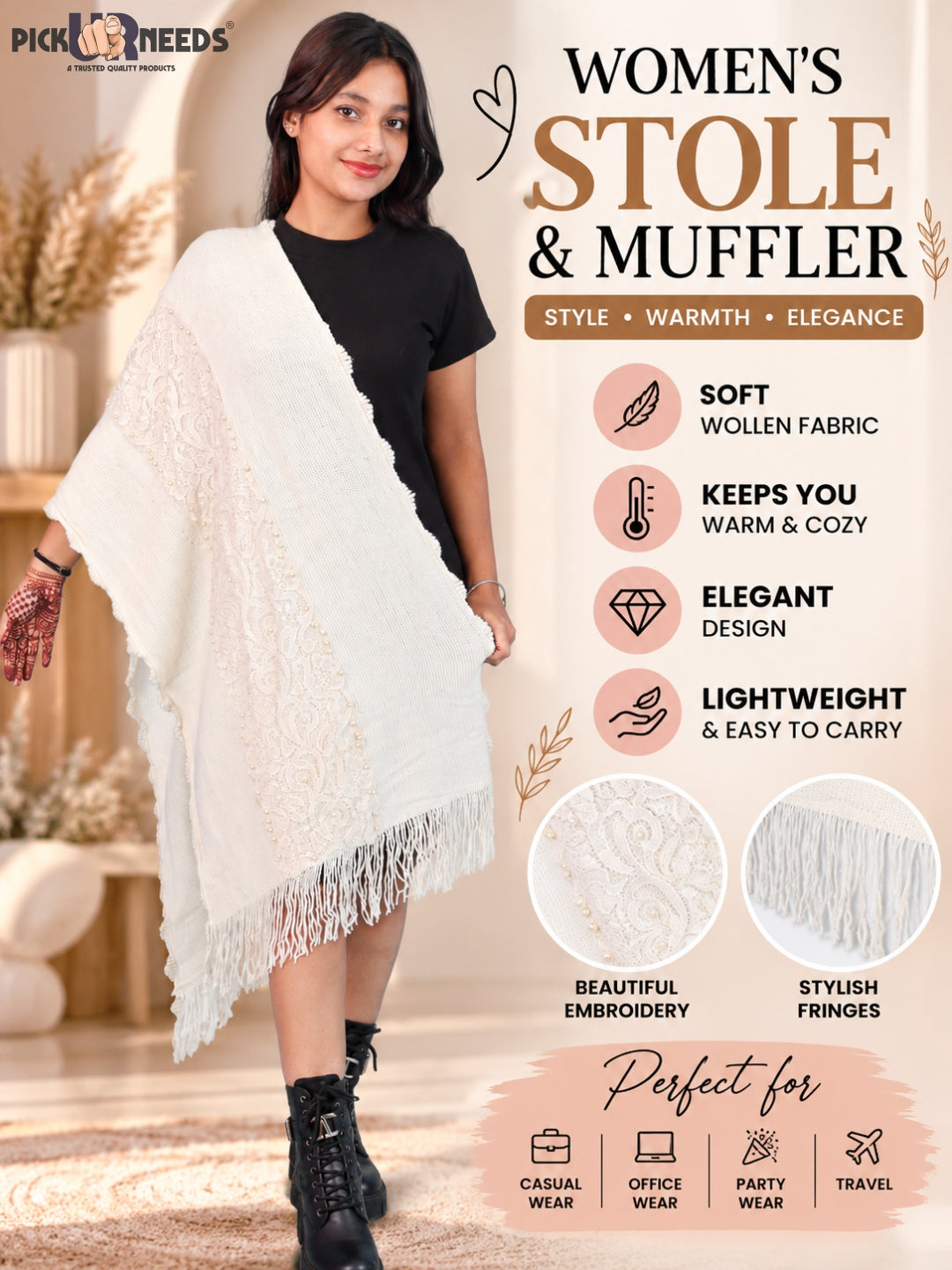 Pick Ur Needs Girls & Womens Shawl with Embroidered Lace Work, Bead Detailing and Fringe Tassels, Elegant Woollen Winter Stole