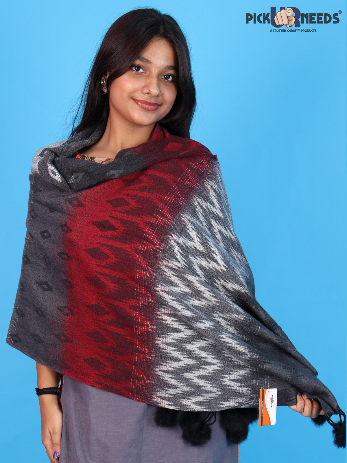 Pick Ur Needs Women Winter Shawl Soft Warm Geometric Printed Woolen Style Stole with Pom Pom Tassels Stylish Long Wrap Muffler for Women & Girls