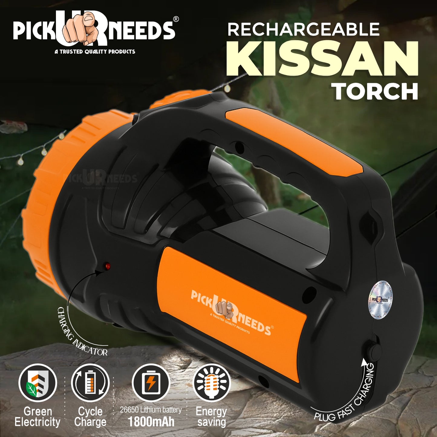 Pick Ur Needs 50W Emergency Long Range Rechargeable Search Laser with 15 SMD Bright 8 hrs Torch Emergency Light (Orange, Black)