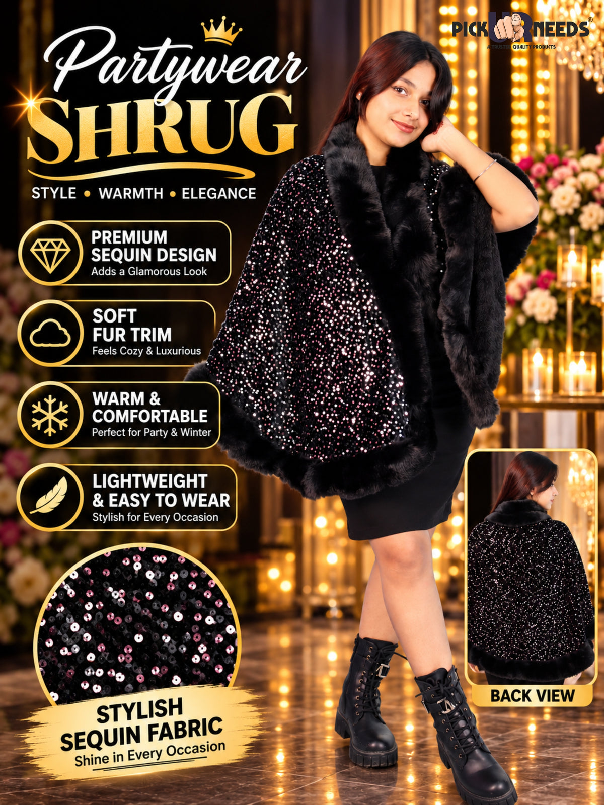 Pick Ur Needs Luxury Shrug for Women Sequin Outerwear with Soft Fur Collar Shawl Evening Wrap Poncho