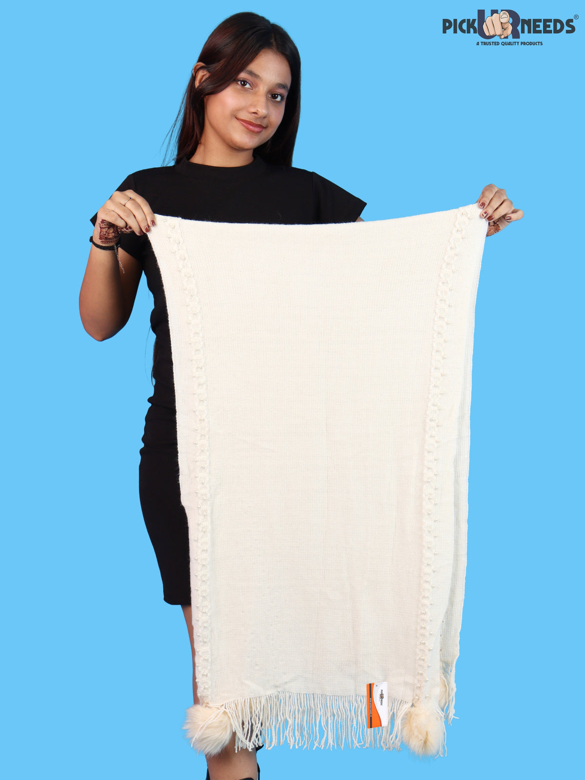 Pick Ur Needs Women & Girls Elegant Woolen Shawl with Beaded Border & Fringed Ends, Soft Warm Lightweight Winter Wrap Stole
