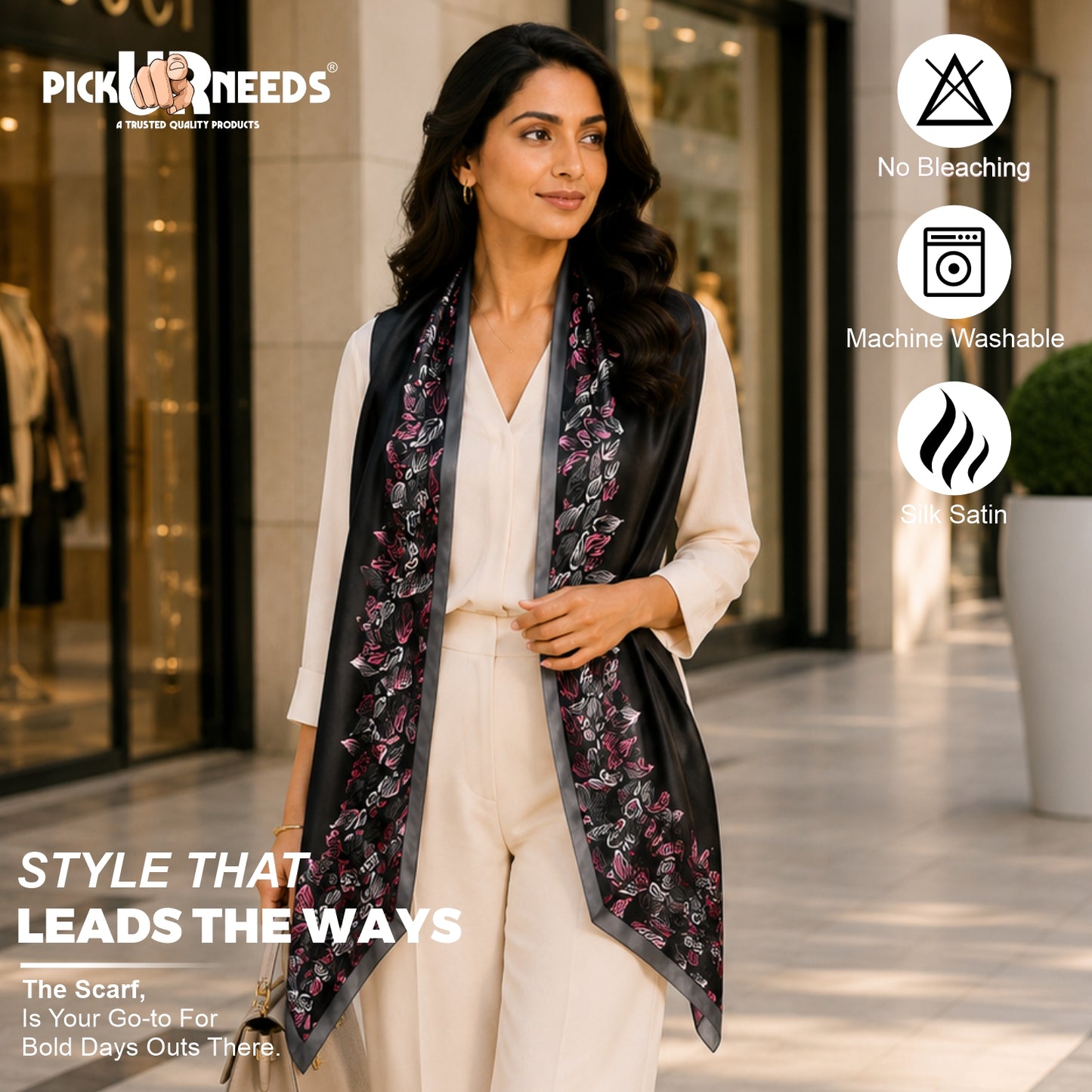 Pick Ur Needs Premium Satin Silk Feel Rectangle Scarf for Womens & Girls Floral Printed Long Fashion Stall Soft Lightweight Neck, Head & Shoulder Wrap