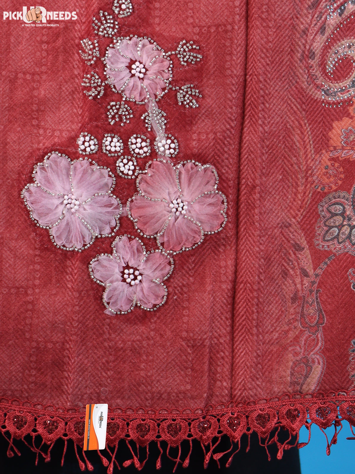 Pick Ur Needs Womens Designer Winter Elegant Floral Embellished Paisley Print Girls Shawl with Decorative Fringe Border