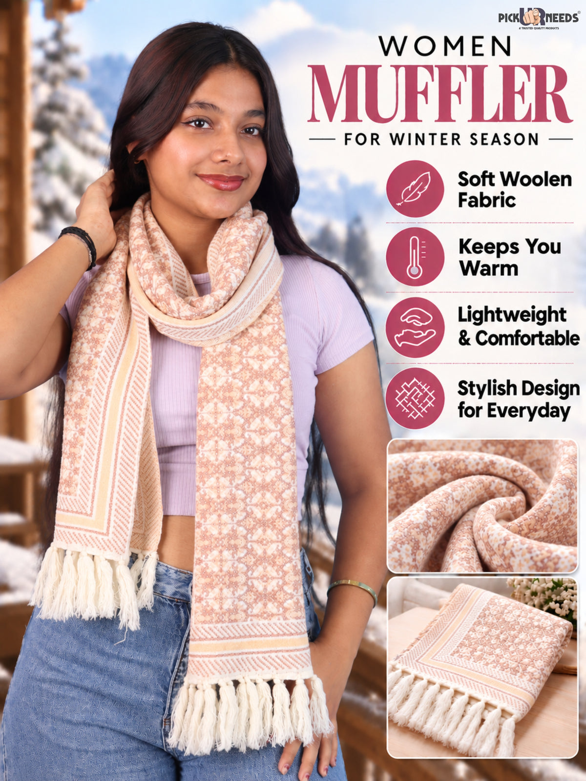 Pick Ur Needs Womens & Girls Super Soft Knitted Woolen Muffler Warm Winter Neck Scarf with Elegant Printed Design & Tassels