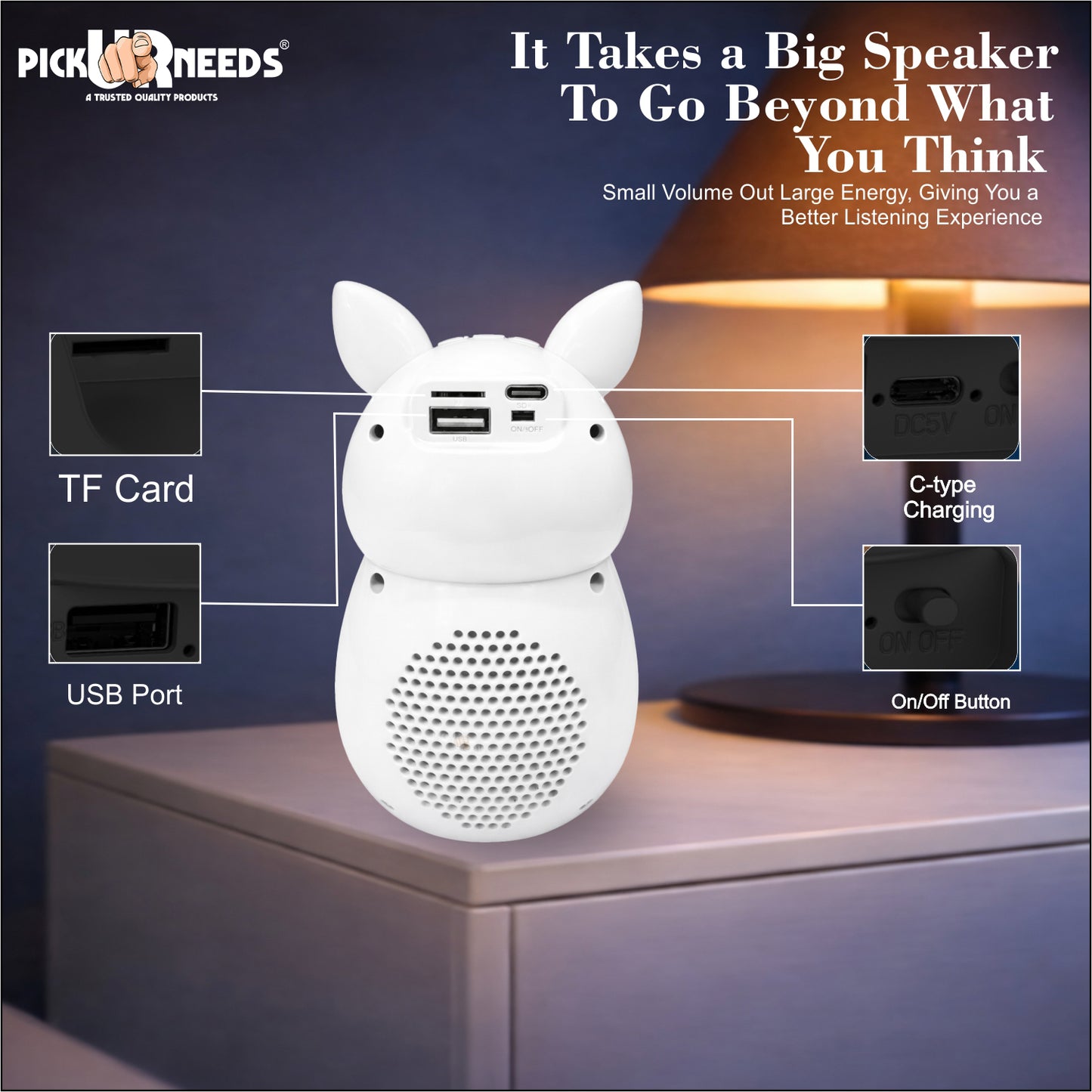 Pick Ur Needs Bunny Bluetooth Speaker | Cute Portable Wireless Speakers with TWS, FM Radio, USB & TF Card | Rechargeable Mini Speaker for Kids & Desk Use