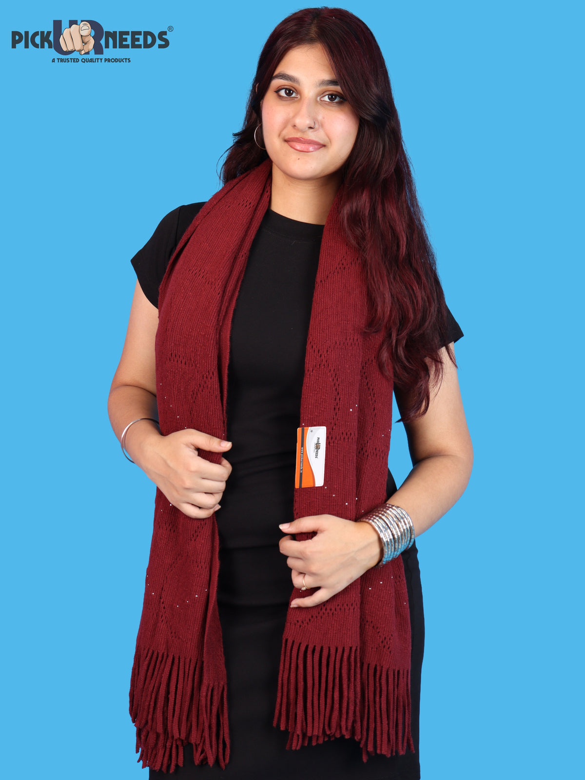 Pick Ur Needs Women & Girls Winter Warm Woolen Muffler with Pearl Work & Fringes – Soft Stylish Wrap