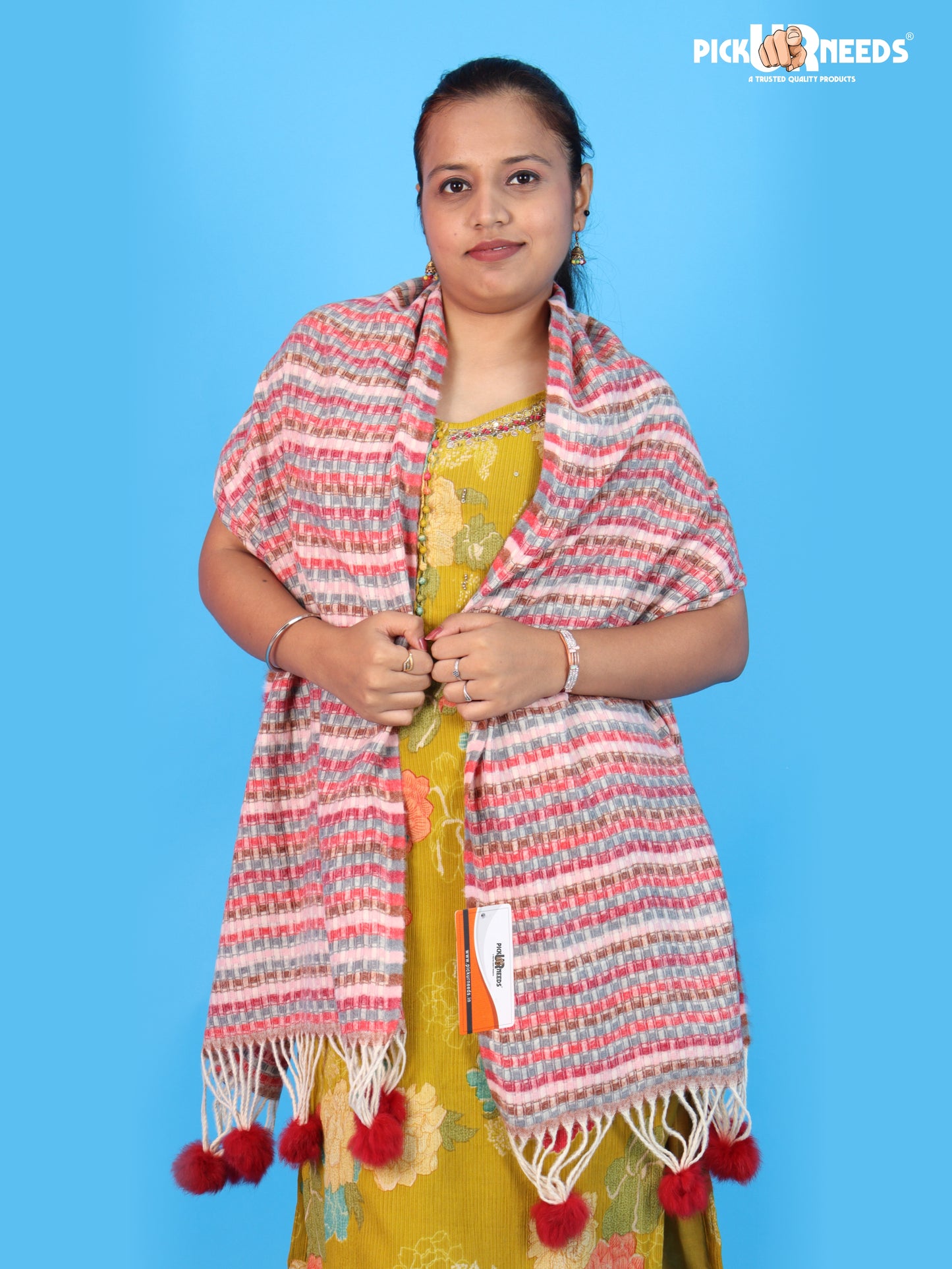 Pick Ur Needs Girls Designer Winter Shawl with Stylish Striped Pattern Textured Shoulder Wrap with Pom Pom Tassels Elegant Stole for Women Party, Casual & Ethnic Wear