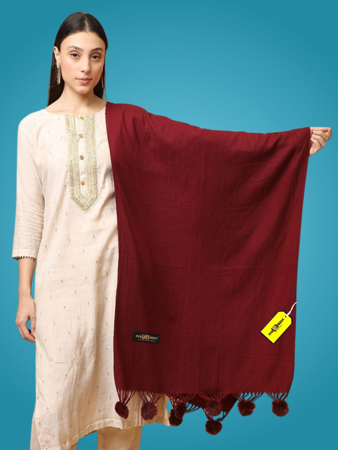 Pick Ur Needs Premium Women’s Wool Blend Scarf Soft Woolen Shawl Winter Stole with Tassels & Pom Poms