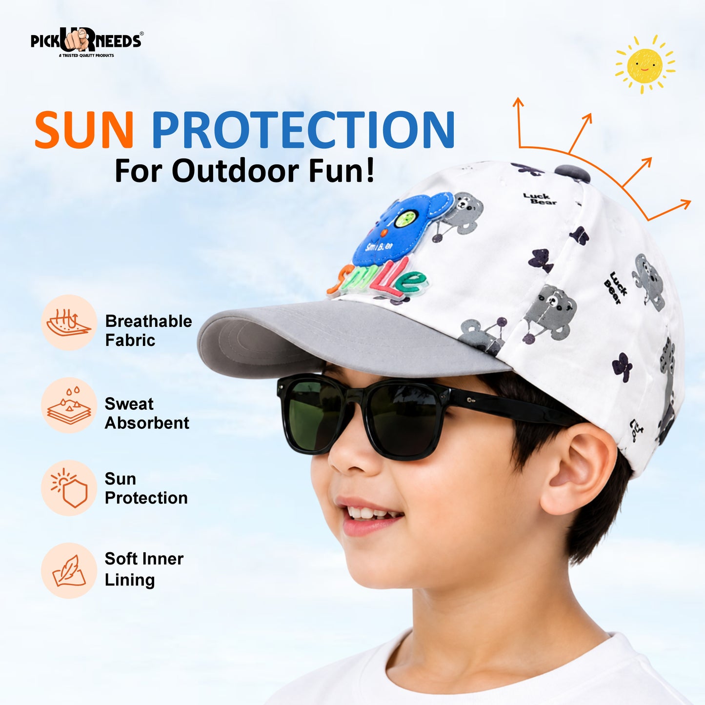 Pick Ur Needs Cute Smile Bear Kids Baseball Cartoon Printed Adjustable Cap for Boys & Girls Lightweight Hat