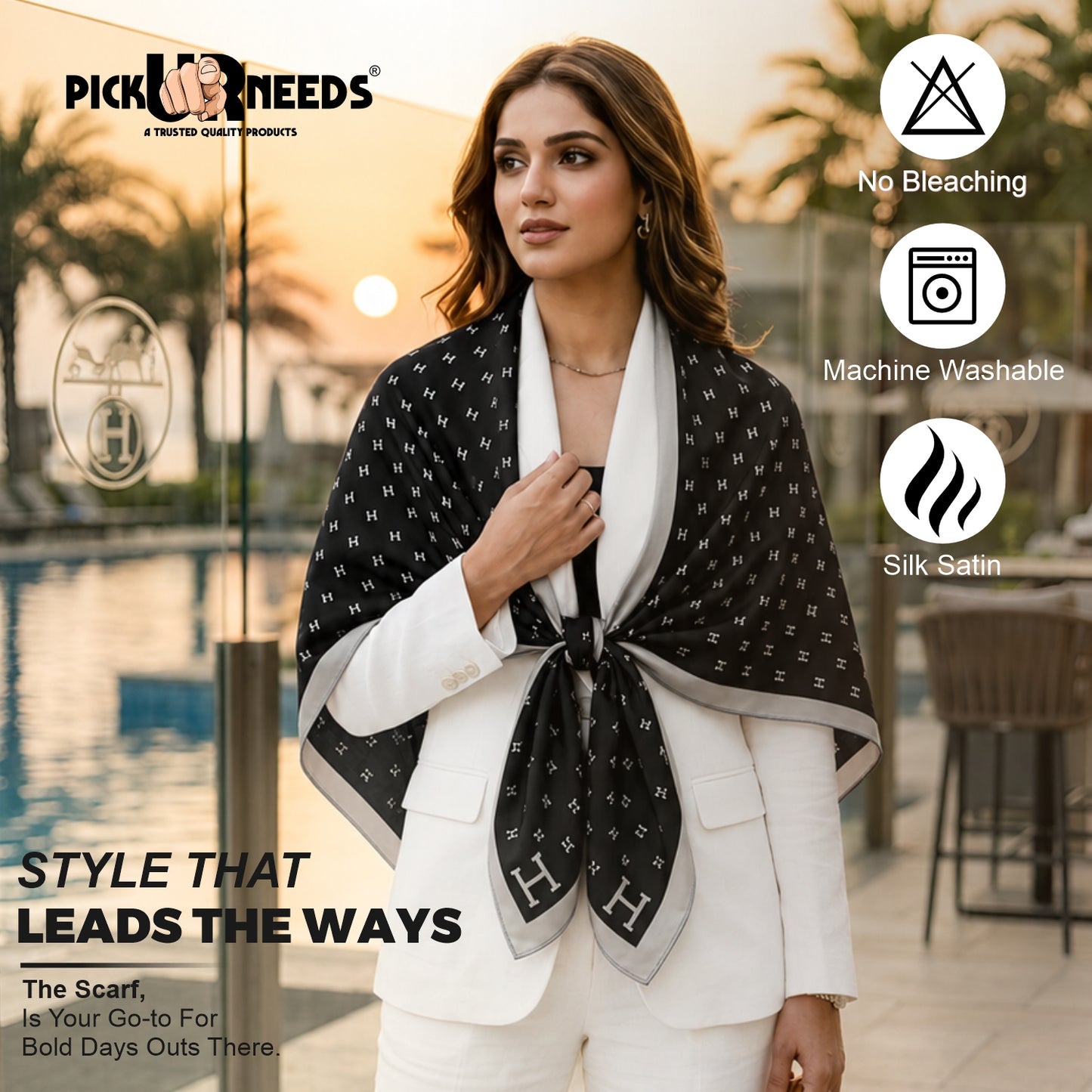 Pick Ur Needs Elegant Womens Premium Printed Satin Silk Feel Square Neck & Head Girls Scarf