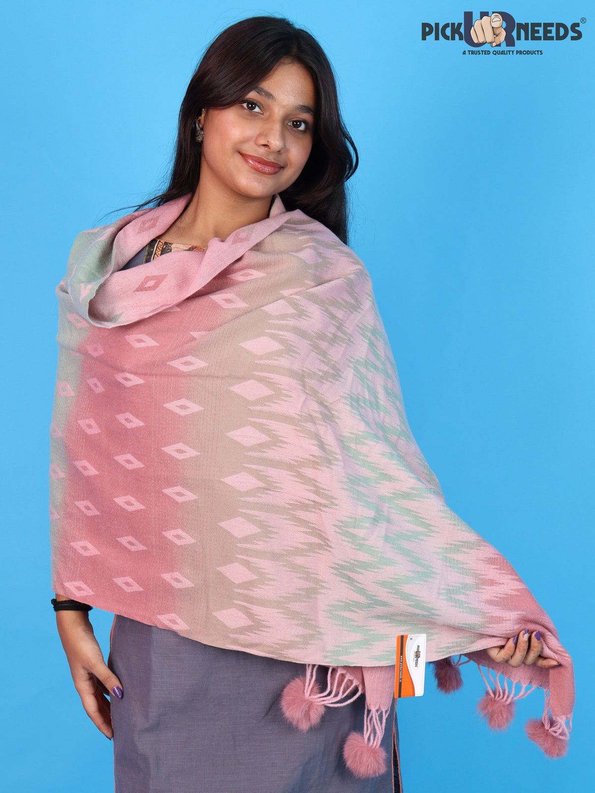 Pick Ur Needs Women Winter Shawl Soft Warm Geometric Printed Woolen Style Stole with Pom Pom Tassels Stylish Long Wrap Muffler for Women & Girls