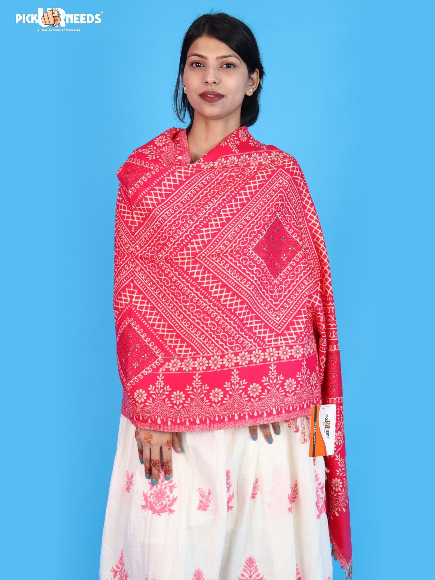 Pick Ur Needs Womens Elegant Embroidered Pattern Shawl Statement Wrap with Artistic Motif Work & Fringe Detailing Girls Stole for Ethnic and Casual Styling