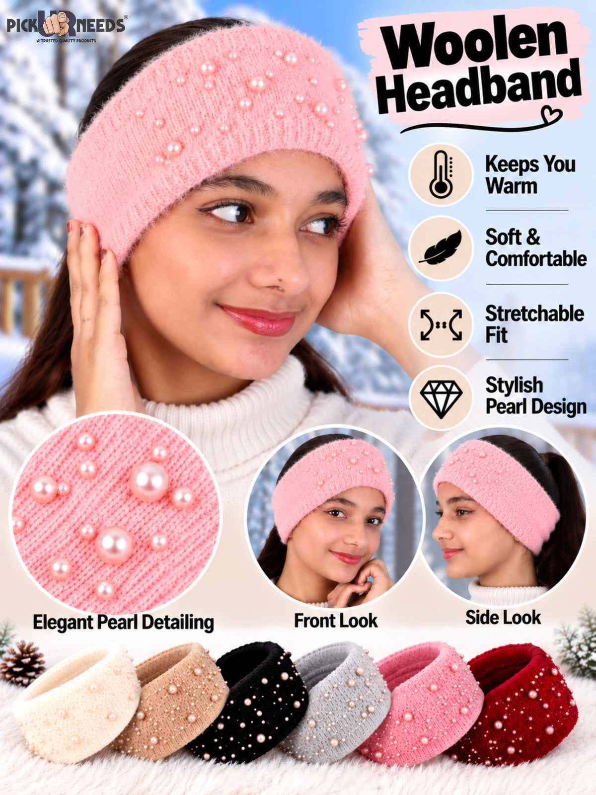 Pick Ur Needs Womens & Girls Soft Woolen Headband with Elegant Pearl Design Warm Stretchable Winter Ear Warmer Kanpatti.