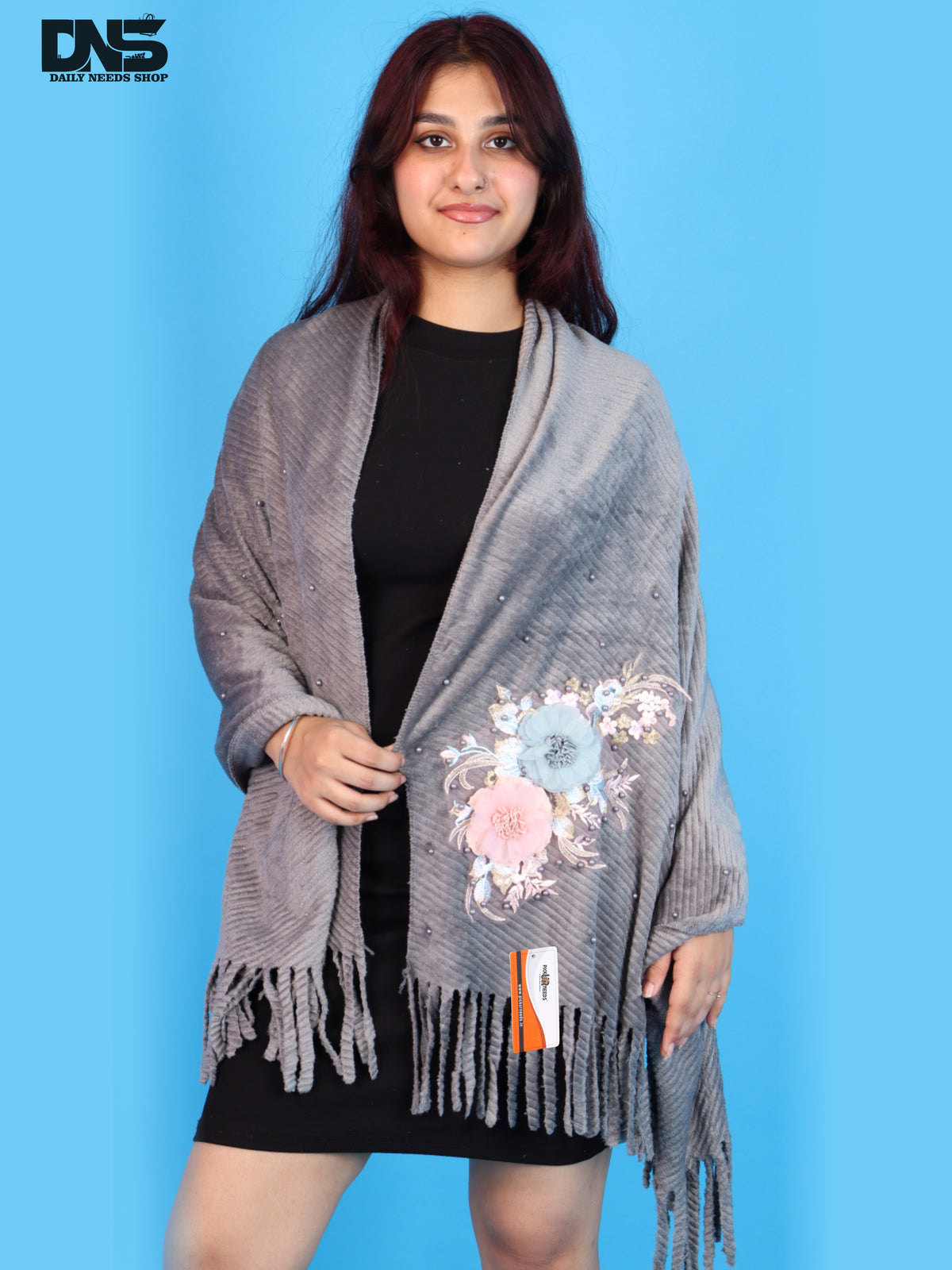 Pick Ur Needs Premium Floral Embroidered Winter Shawl Stole Soft Warm Wrap with Pearl Embellishments & Fringed Border For Girls & Womens