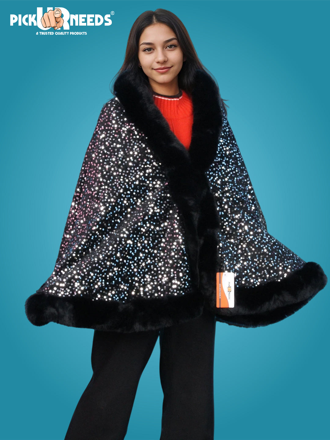 Visit the Pick Ur Needs Store Pick Ur Needs Luxury Sequin Faux Fur Shawl for Women Poncho & Winter Shrug Soft Warm Designer Wrap for Evening Parties