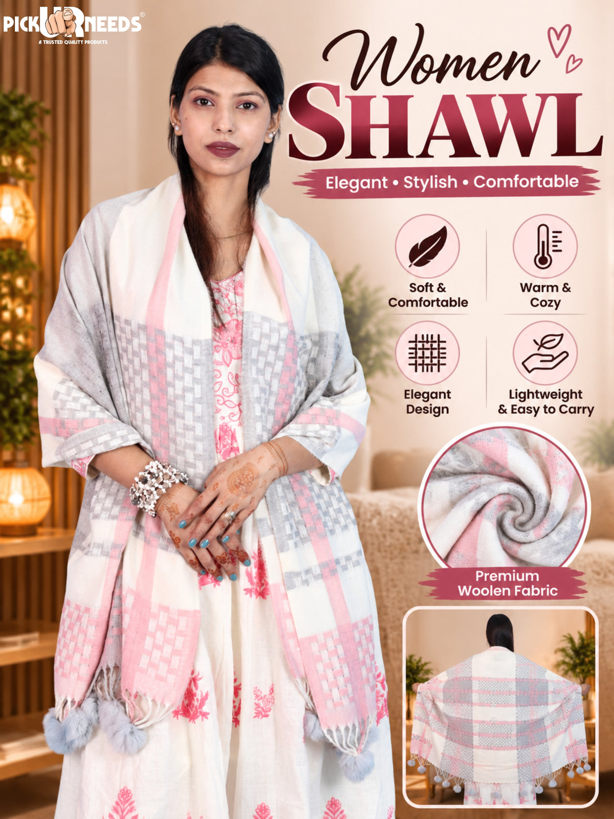 Pick Ur Needs Women Designer Winter Shawl with Geometric Checkered Pattern Shoulder Wrap with Tassels Stylish Stole for Girls Party, Casual & Ethnic Wear