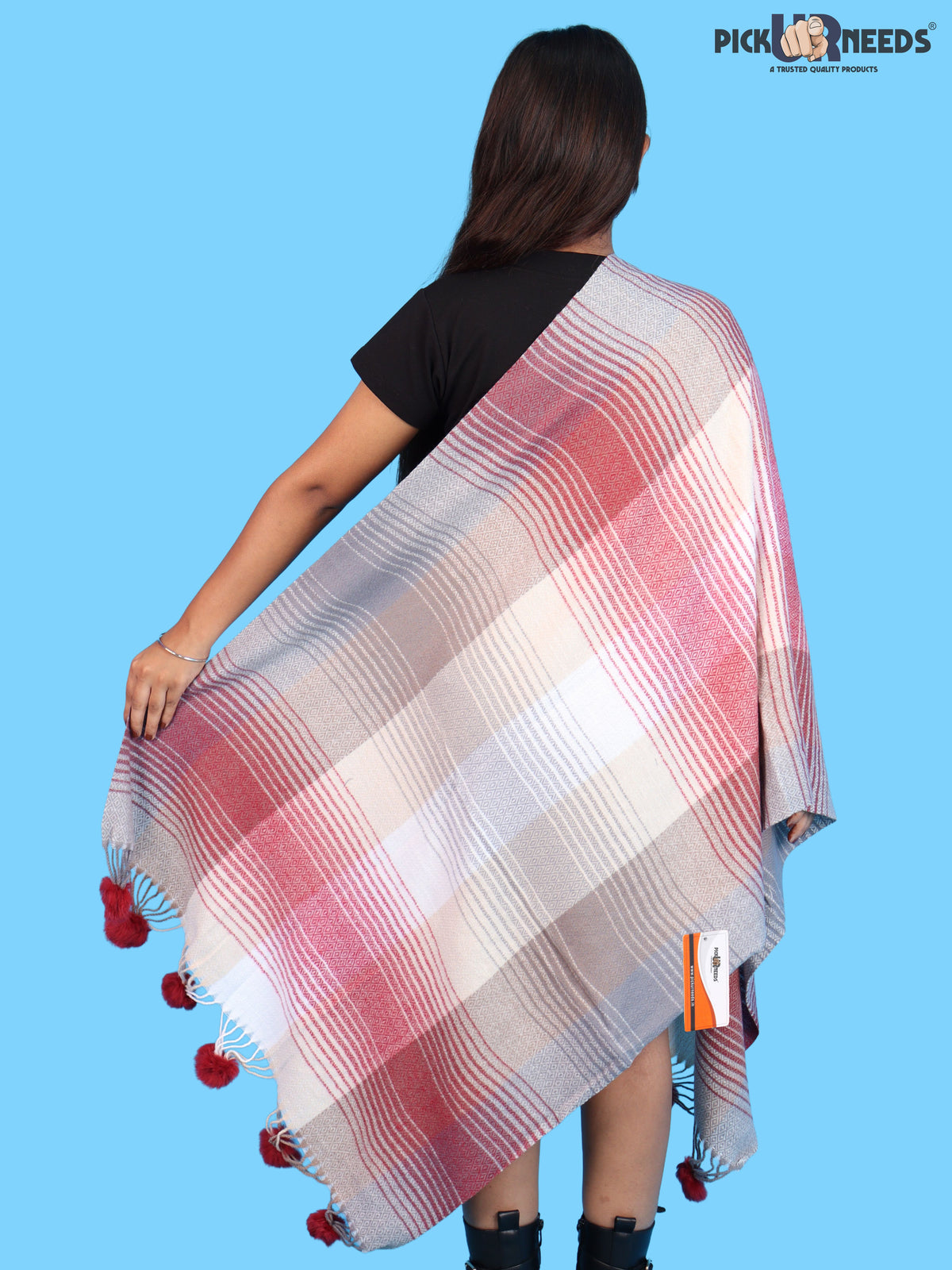 Pick Ur Needs Women & Girls Winter Shawl Soft Warm Striped Pattern Shawl with Tassel & Pom Pom Border Stylish Ladies Winter Wrap