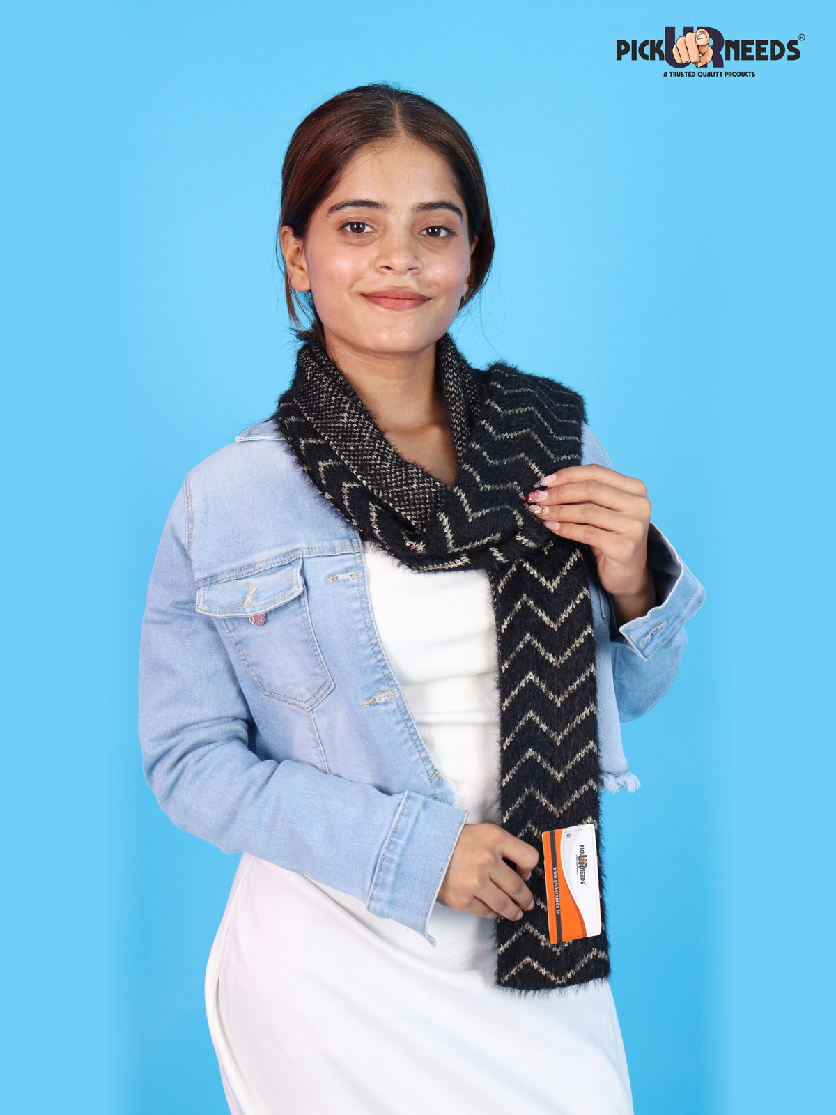 Pick Ur Needs Premium Woolen Winter Muffler with Gold Zigzag Pattern | Soft, Warm & Stylish Scarf for Women