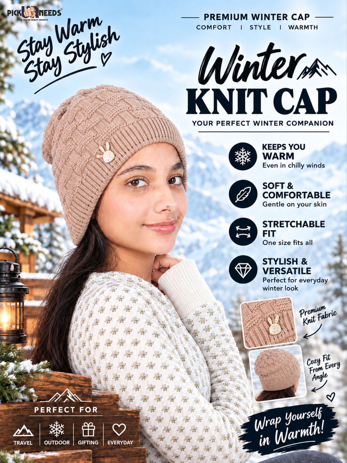 Pick Ur Needs Stylish Winter Cap for Women & Girls Warm Cozy Stretchable with Soft Knit Fabric