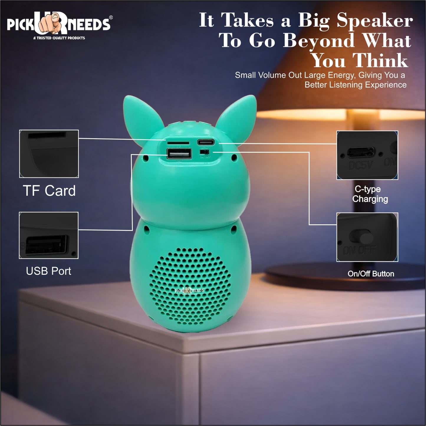 Pick Ur Needs Bunny Bluetooth Speaker | Cute Portable Wireless Speakers with TWS, FM Radio, USB & TF Card | Rechargeable Mini Speaker for Kids & Desk Use