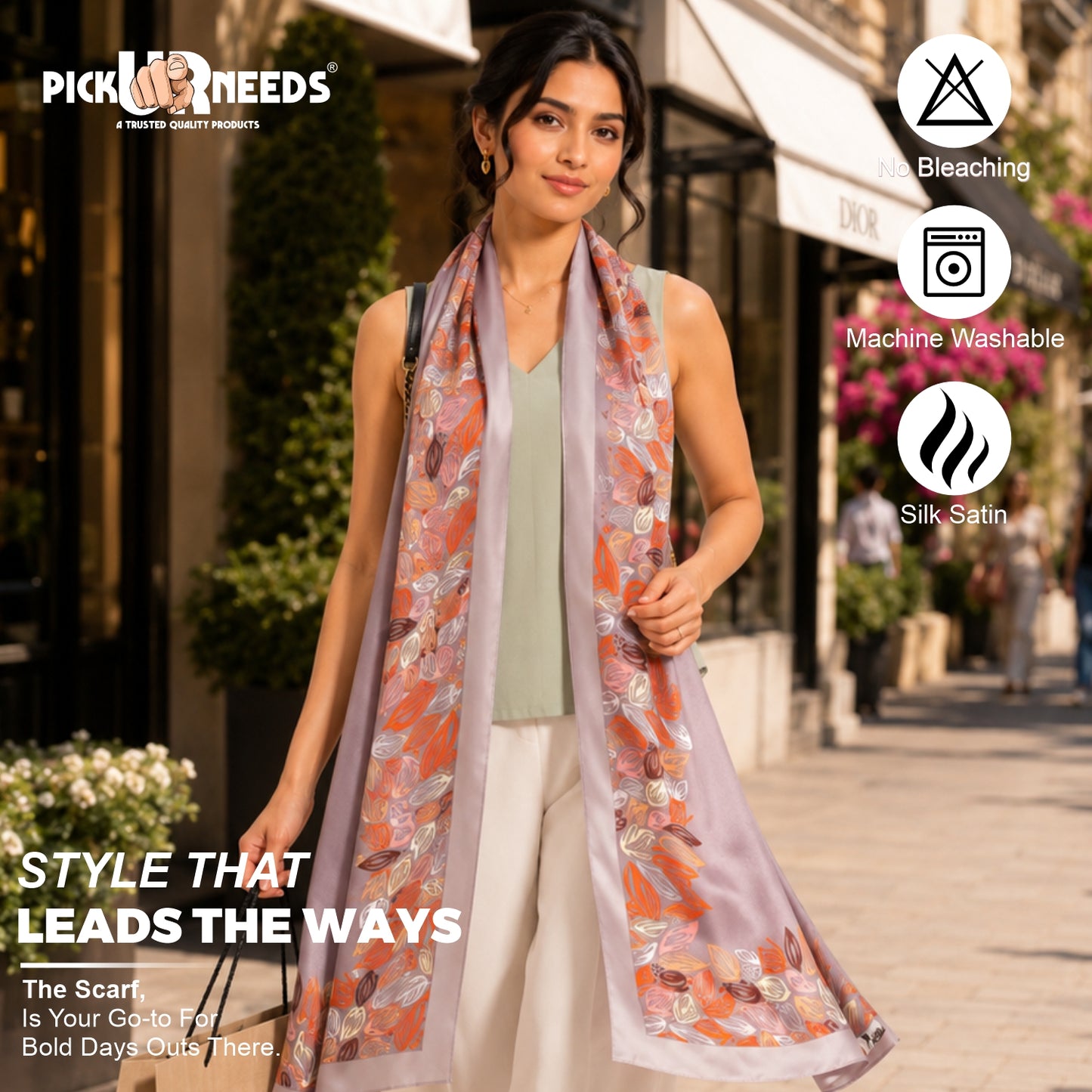 Pick Ur Needs Premium Satin Silk Feel Rectangle Scarf for Womens & Girls Floral Printed Long Fashion Stall Soft Lightweight Neck, Head & Shoulder Wrap