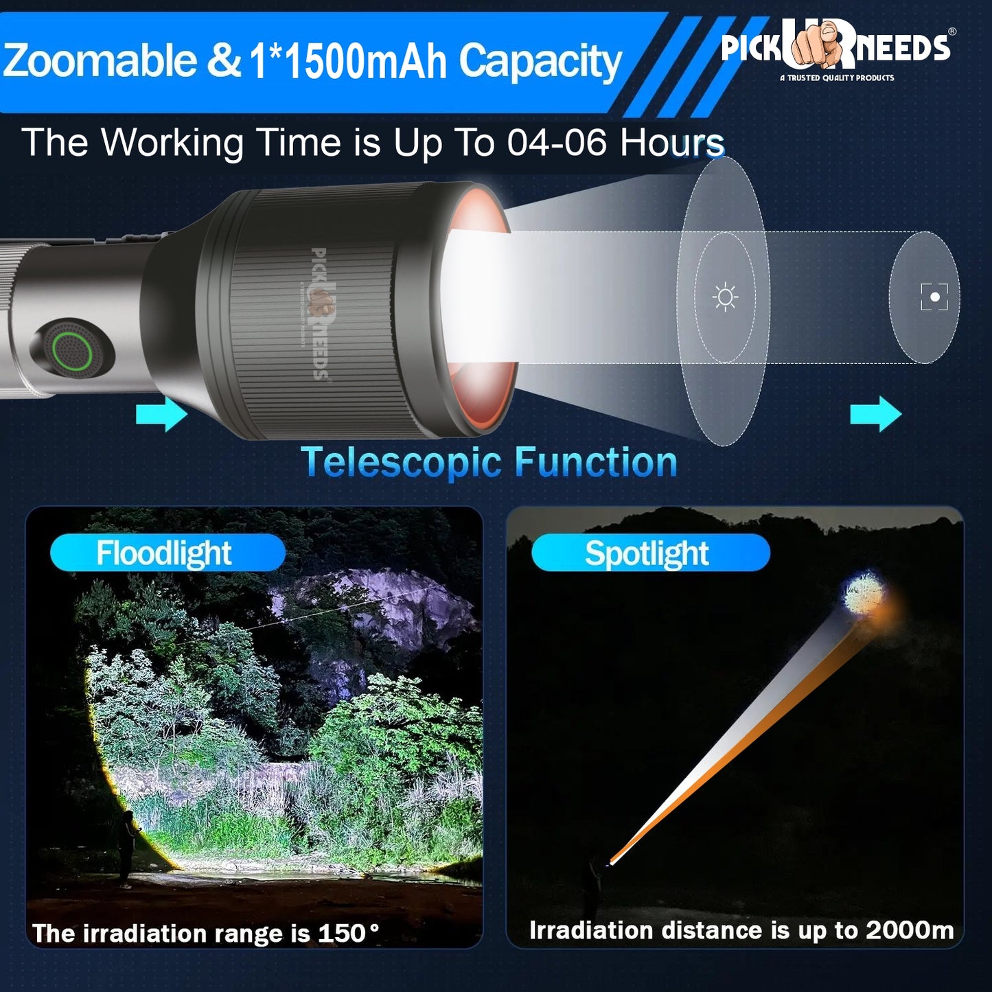 Pick Ur Needs 100W+100W LED Rechargeable Long Range Torch Light with 5 Lighting Modes Flashlight 1500mAh Battery Searchlight for Camping, Outdoor, Hiking, Emergency Use