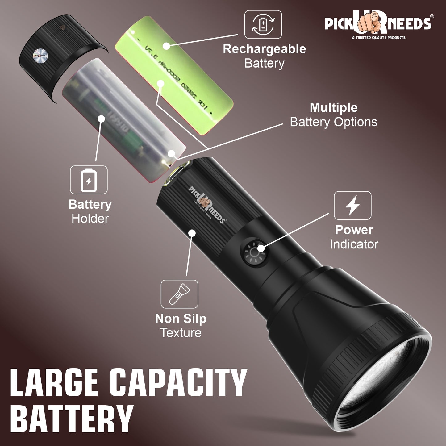 Pick Ur Needs Rechargeable 50W+Tube LED Torch Light With 3 Brightness Mode + C Type Charging 3 hrs Torch Emergency Light