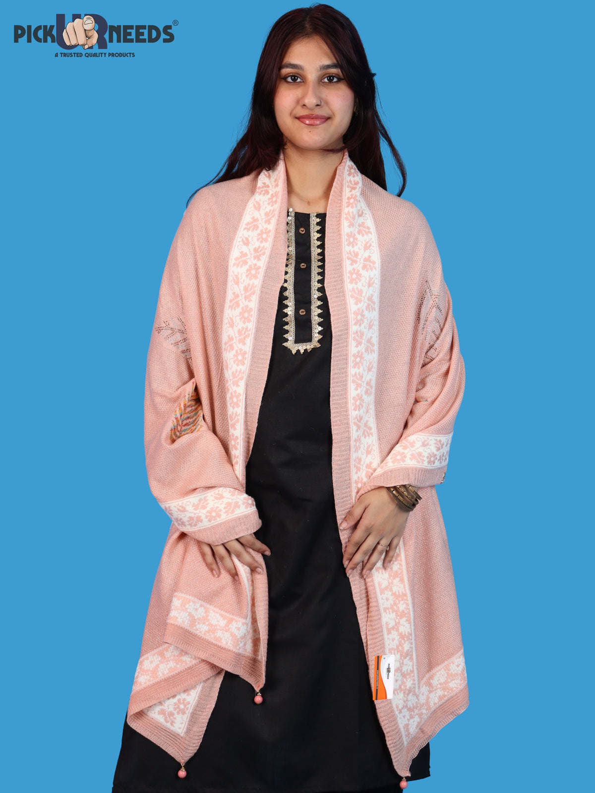 Pick Ur Needs Girls & Womens Winter Soft Lightweight Knitted Shawl with Leaf Design, Floral Border & Decorative Tassels
