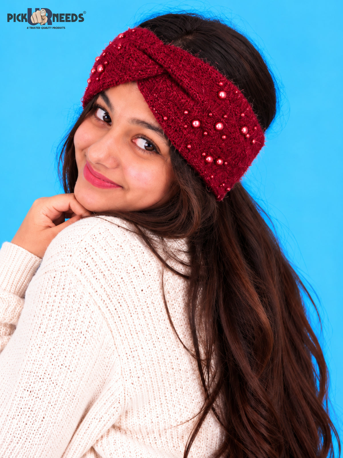 Pick Ur Needs Winter Ear Warmer Kanpatti Soft Woolen Headband with Elegant Pearl Design Warm Stretchable For Womens & Girls