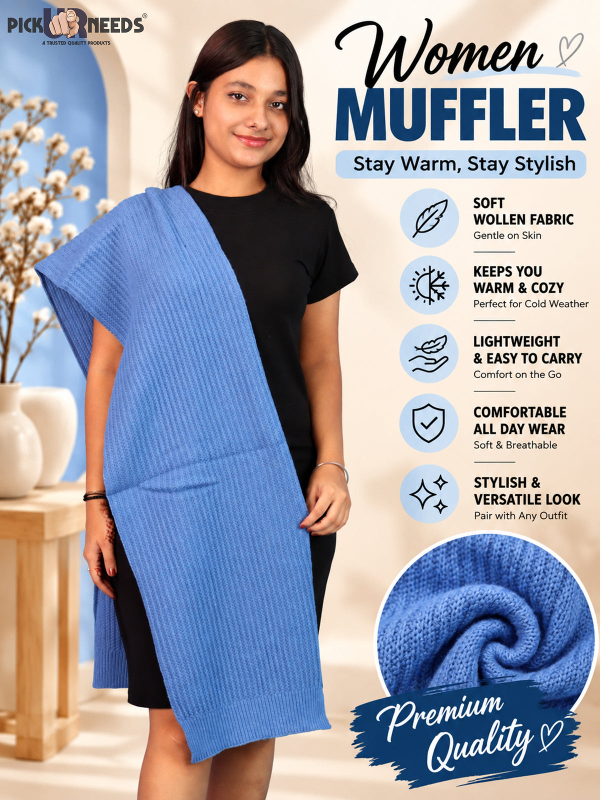 Pick Ur Needs Womens Stylish Knitted Muffler Scarf, Long Ribbed Knit Winter Neck Wrap, Soft Textured Cozy Scarf for Girls